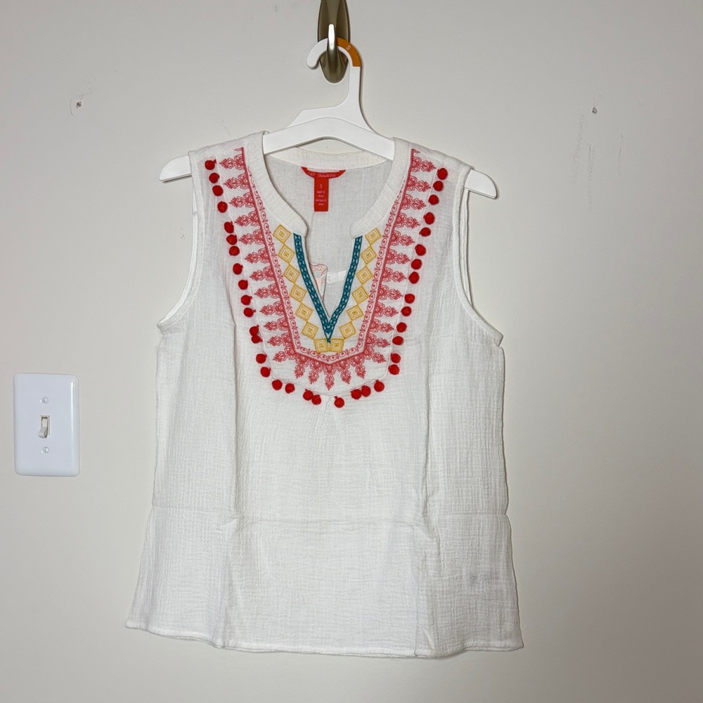 Chelsea & Violet White Embroidered Sleeveless Tank with Red Pom Trim